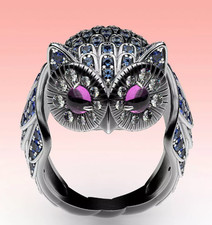 Owl Ring Blue Sapphire Ruby Eyes Silver Band Animal Bird Jewelry Ring All Sizes picture