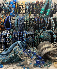 50+ pc Bohemian Jewelry Mixed Lot Necklaces Bracelets Bangles Blue/Silver picture