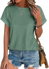 Womens Eyelet Embroidery Top Short Sleeve Curved Hem Loose Fit Summer T Shirt picture