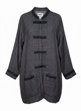 FLAX Linen Large Relaxed Fit Lagenlook Black Grid Pattern Jacket Mandarin Collar picture