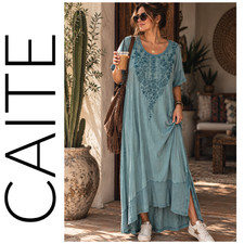 CAITE Sz XL Blue Mineral Wash Embroidered Cotton Maxi Dress Boho Lagenlook picture