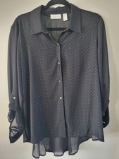 Chicos Black Sheer Studded Peplum Blouse Sz 2 XL Gold Stud Button Up Roll Tab NW picture