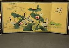 VINTAGE LARGE JAPANESE  4 PANEL FOLDING Silk SCREEN  Cranes Lily 68