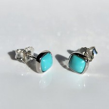 Navajo Solid 925 Sterling Silver 7mm Square Natural Blue Turquoise Stud Earrings picture