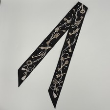 Hermes Les Cles a Pois Twilly Scarf Black Gold Ornate Keys Tassels Dots  picture