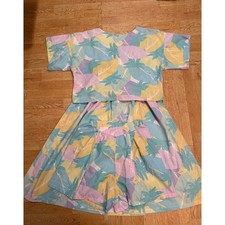Vintage 3 Piece Tropical Pastel Palm Leaf Crop Top Skirt and Shorts Set Womens picture