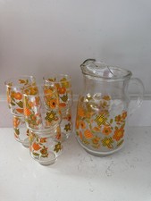 7pc Vintage Hazelware Gingham Garden Pitcher Glass MCM 1960s Floral Checkerboard picture