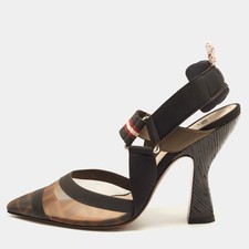 Fendi Colibri Size 37 BrownBlack Zucca Mesh and Canvas Slingback Pumps picture
