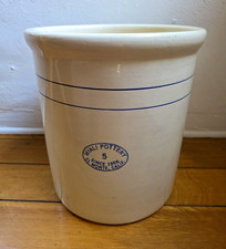 Antique Miali Pottery 5 Gallon Stoneware Crock El Monte Calif Blue Stripe Stamp picture
