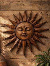 Rustic Wooden Sunburst Sculpture Hand Carved Teak Sun Face Wall Art Spiritual picture