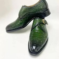 Handmade Men's Green Crocodile Shoes, Leather Monk Strap Office Shoes for Men picture