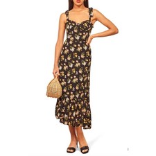 Reformation Nikita Black Floral Tie Shoulder Ruffle Midi Dress Smocked Back picture