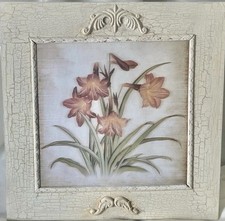 Vintage Shabby Chic Distressed White Wood Frame Lily Floral Wall Art Cottagecore picture
