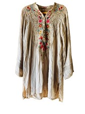 Johnny Was Women’s Gray Floral Embroidered Button Front Tunic Kurta Top L picture