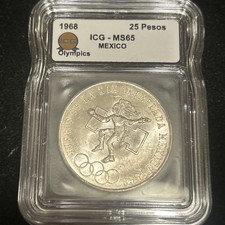 SASA 1968 Mo Mexico 25 Pesos Silver Olympics MS65 ICG picture
