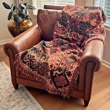 Vintage Southwestern Woven Throw Blanket Reversible Geometric Tapestry Fringe picture