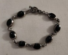 Vintage Taxco Mexico Sterling Silver Bracelet Black Onyx Link  7.25 in Solid 925 picture