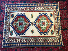 Vintage Anatolian Accent Rug 46x57 in Beige Blue Red Caucasian Kazak Style picture