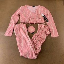 Feathers Womens Top Pants Set Pink White Shibori V Neck Ruched Stretch L New picture