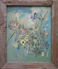 Sterling Strauser 1965 Original Oil Painting Floral Still Life Impasto Board Sig picture