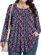 Tencede Top 3XL Navy Blue Floral Long Sleeve Scoop Neck Stretch picture