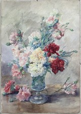 Antique Original Watercolor Floral Bouquet On Paper, Signed picture