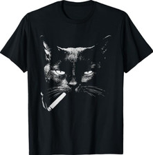 Black Cat Smoking Cigarette Funny Edgie Animal T-Shirt picture