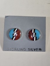 NOS Vtg Navajo DONALD DOUGLAS Sterling GRATEFUL DEAD Mosaic Inlay Stud Earrings picture