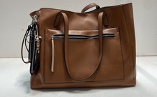 Mondani New York Cognac Brown Faux Leather Large Tote Bag Front Pocket Pouch picture