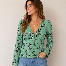 NWT Leith Floral Blouse Women’s Small Green Button Front Long Sleeve V-Neck Top picture