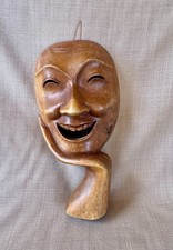 Vintage Carved Wooden Smiling Face Mask Hand Under Chin Wall Art 9.5 Inch picture