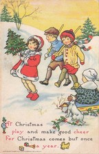 At Christmas Play Children Sledding Snow Dog Raphael Tuck Postcard picture