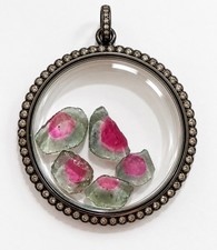 925 Sterling Silver Watermelon Tourmaline Shaker Diamond Pendant 42mm AS4003 picture