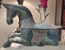 Vintage Carved Blue Wooden Horse Made in Thailand - 14.5