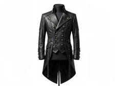Men's Black Gothic Genuine Leather Tailcoat Double Breasted Military Trench Coat picture