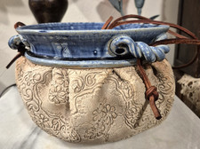 Hanging Planter Blue Heron Pottery Studio -  Leather Hanger, Lace Embossed Look picture