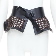 LOEWE JW Anderson black brown woven leather wide peplum Obi corset waist belt picture