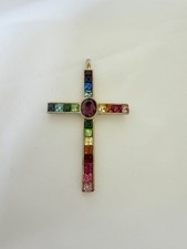 Vintage 1998 PSCO Rainbow Crystal Cross Pendant Gold Tone 2” Multicolor picture