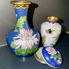 Vintage Chinese Handmade Cloisonné Lot Trinket Box Gilt Vase Brass Cobalt Enamel picture