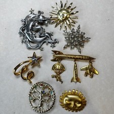 Vintage Celestial Brooch Lot 7pc JJ Moon V&A Sun Anne Klein Rocket Star Space picture