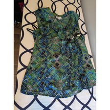 Tahari Arthur S. Levine Green Blue Geometric Ruffle Blouse NWT M 5288M651 picture