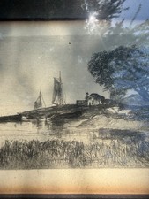 Antique Pencil Signed River Landscape Etching Framed Panoramic Scene MAY picture
