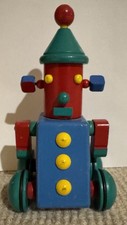 Vintage 1970 Wooden Robot Toy Figure Red Blue Green Yellow Age 3-7 picture