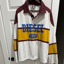 Diesel Men's XL White/Burgundy/Yellow/Blue Colorblock Long Sleeve Polo Shirt picture