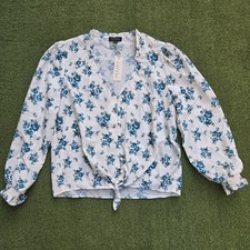Oleana Top Women's Medium Cream/blue Floral Botton Up Tie Front picture