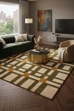Share Hand Tufted Area Rug Green & Yellow Geometric Boho Carpet Living Room picture