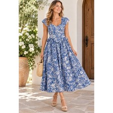 Laura Ashley Womens Floral Midi Dress Cotton Blue White Bow Peplum UK 16 US 14 picture
