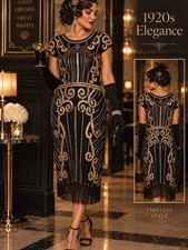 Black & Gold Art Deco Beaded Flapper Dress - Vintage 1920s Style picture