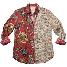 Cino Provence Mix Shirt Small Red Floral Crinkle Cotton Button Down Boho Chic picture