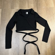 H&M Black Ribbed Wrap Crop Top with Tie Details & Long Sleeves (S) picture